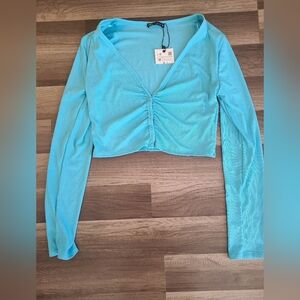 Zara Turquoise Long Sleeve Ruched Button Crop Top Nwt